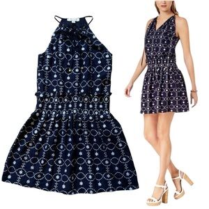 NWOT Michael Kors Navy Blue White Embroidered Floral Smocked Waist Dress